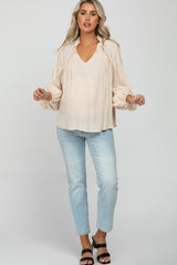 Cream Ruffle Neck Pintuck Balloon Sleeve Maternity Top