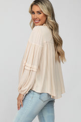 Cream Ruffle Neck Pintuck Balloon Sleeve Maternity Top