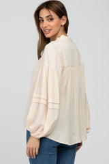 Cream Ruffle Neck Pintuck Balloon Sleeve Top