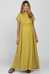 Light Olive Short Sleeve Babydoll Maternity Maxi Dress