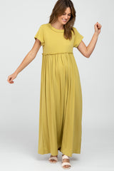 Light Olive Short Sleeve Babydoll Maternity Maxi Dress