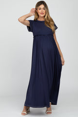 Navy Blue Short Sleeve Babydoll Maternity Maxi Dress