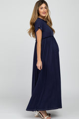 Navy Blue Short Sleeve Babydoll Maternity Maxi Dress