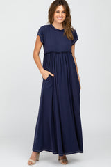 Navy Blue Short Sleeve Babydoll Maternity Maxi Dress