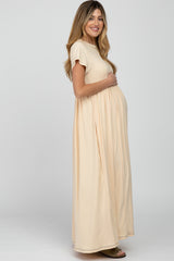 Beige Short Sleeve Babydoll Maternity Maxi Dress