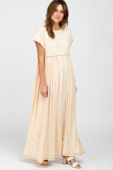 Beige Short Sleeve Babydoll Maternity Maxi Dress