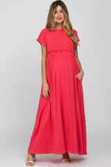 Fuchsia Short Sleeve Babydoll Maternity Maxi Dress