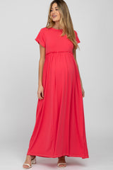 Fuchsia Short Sleeve Babydoll Maternity Maxi Dress