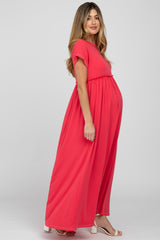 Fuchsia Short Sleeve Babydoll Maternity Maxi Dress