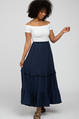 Navy Blue Cotton Gauze Ruffle Tiered Maternity Maxi Skirt