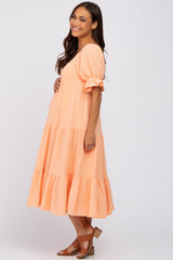 Peach Puff Sleeve Tiered Maternity Midi Dress