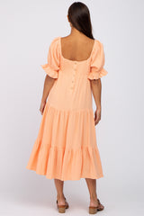 Peach Puff Sleeve Tiered Maternity Midi Dress