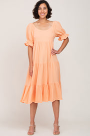 Peach Puff Sleeve Tiered Midi Dress