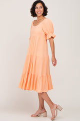 Peach Puff Sleeve Tiered Midi Dress