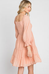 Peach Smocked Tiered 3/4 Ruffle Sleeve Dress