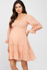 Peach Smocked Tiered 3/4 Ruffle Sleeve Maternity Dress