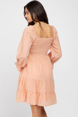 Peach Smocked Tiered 3/4 Ruffle Sleeve Maternity Dress