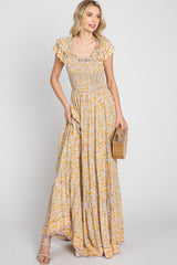 Yellow Floral Smocked Flounce Sleeve Maxi Dress