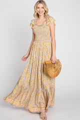 Yellow Floral Smocked Flounce Sleeve Maxi Dress