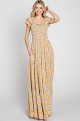 Yellow Floral Smocked Flounce Sleeve Maxi Dress