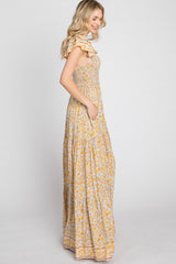 Yellow Floral Smocked Flounce Sleeve Maxi Dress