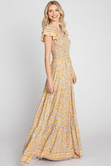 Yellow Floral Smocked Flounce Sleeve Maxi Dress