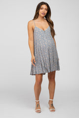 Blue Floral Button Front Ruffle Hem Maternity Dress