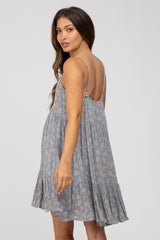 Blue Floral Button Front Ruffle Hem Maternity Dress