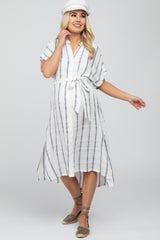 Ivory Striped Button Down Maternity Midi Dress