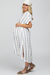 Ivory Striped Button Down Maternity Midi Dress