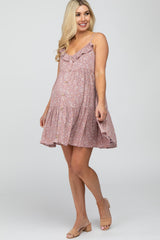 Mauve Floral Ruffle Top Button-Down Tiered Maternity Dress