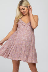 Mauve Floral Ruffle Top Button-Down Tiered Maternity Dress