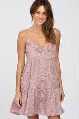 Mauve Floral Ruffle Top Button-Down Tiered Dress