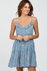 Blue Floral Ruffle Top Button-Down Tiered Maternity Dress