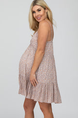 Lavender Floral Button Front Ruffle Hem Maternity Dress