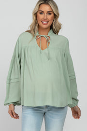 Mint Green Ruffle Neck Pintuck Balloon Sleeve Maternity Top