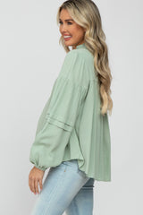 Mint Green Ruffle Neck Pintuck Balloon Sleeve Maternity Top