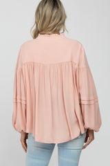 Pink Ruffle Neck Pintuck Balloon Sleeve Maternity Top