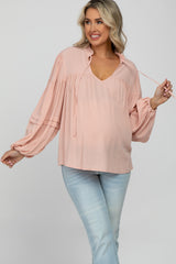 Pink Ruffle Neck Pintuck Balloon Sleeve Maternity Top