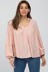 Pink Ruffle Neck Pintuck Balloon Sleeve Maternity Top