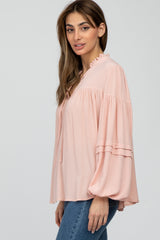 Pink Ruffle Neck Pintuck Balloon Sleeve Top