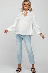 White Ruffle Neck Pintuck Balloon Sleeve Maternity Top