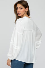 White Ruffle Neck Pintuck Balloon Sleeve Top