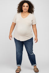 Beige Ribbed V-Neck Short Sleeve Plus Maternity Top