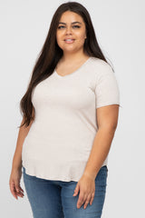 Beige Ribbed V-Neck Short Sleeve Plus Maternity Top