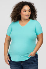 Mint Ribbed V-Neck Short Sleeve Plus Maternity Top