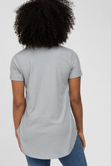 Grey Ribbed V-Neck Short Sleeve Top