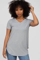 Grey Ribbed V-Neck Short Sleeve Top