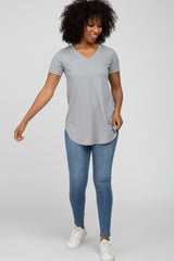 Grey Ribbed V-Neck Short Sleeve Top