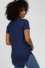 Navy Ribbed V-Neck Short Sleeve Top